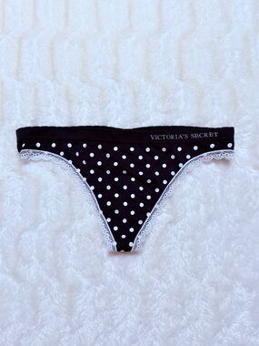 Victoria's Secret Black and White Polka Dot Lace-Trim Bikini Bottoms medium NWT